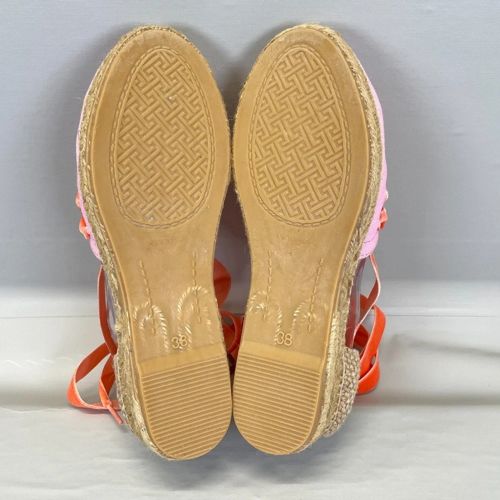 Penelope Chilvers Espadrille Sandals Womens Size 38 US 7 Pink Canvas Ribbon Shoe